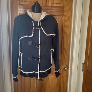 Yag couture Women's Navy Toggle Coat with White Trim